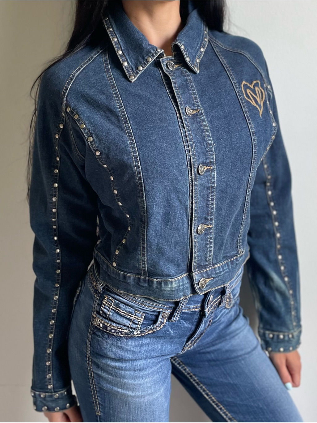 Meoshe Studded Cropped Denim Jacket